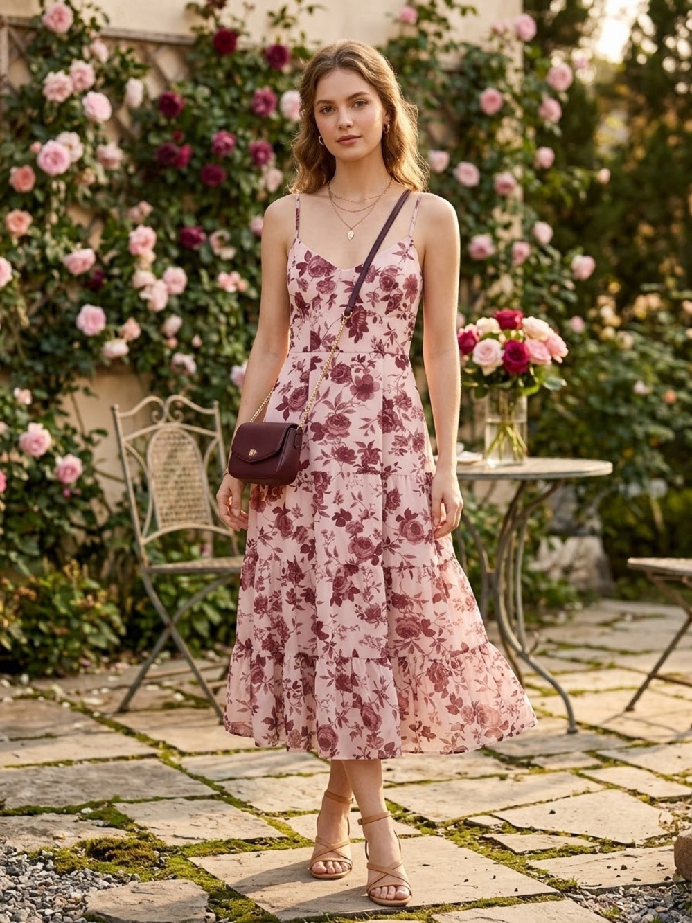 Trixxi Pink Midi Dress with Burgundy Floral Print